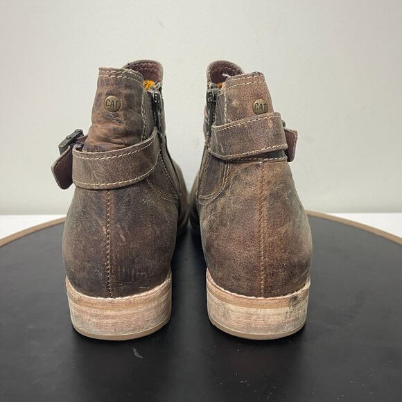 CAT Mazzy Mid Cut Slip On Ankle Boots Rugged Brown Leather Biker Bootie Women 10 - Picture 8 of 12